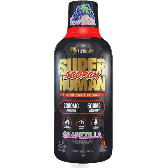 Alpha Lion | Superhuman Scorch - Burn Weight Loss Supplement, Fat Loss, Caffeine-Free, Metabolism Boost, Zero Calories | Grapezilla, 31 Servings, 15.72 FL OZ