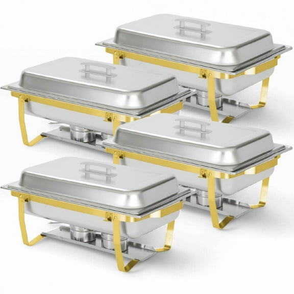 Alpha Living 4 Pack 8QT Chafing Dish Full Set – Stainless Steel Catering Chafer with Lids, Pans & Fuel Holders – Buffet Food Warmers for Parties, Events & Weddings – Gold Frame