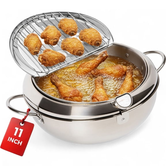 Alpha Living SDF-04 Large Deep Fryer Pot  11-Inch Stainless Steel Frying Pot with Oil Thermometer  Ideal for Deep Frying Chicken, Fries, Mini Donuts, Tempura & More  Frying Pan for Home Use