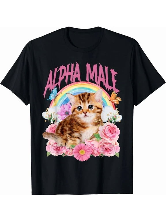 Alpha Male Funny Cat Kitten Rainbow Floral T-Shirt