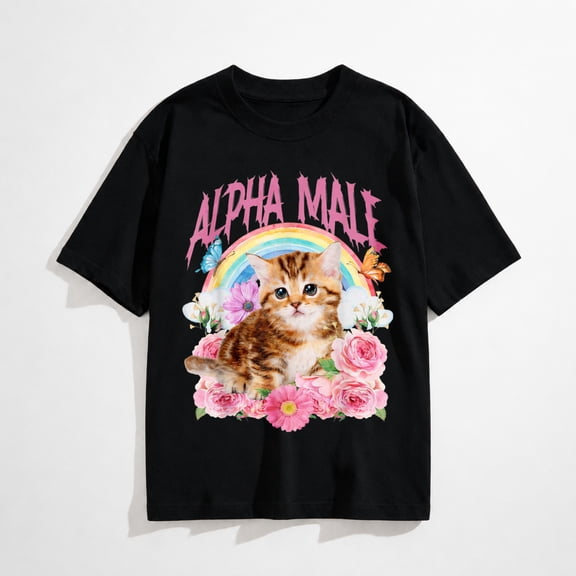 Alpha Male Funny Cat Kitten Rainbow Floral T-Shirt