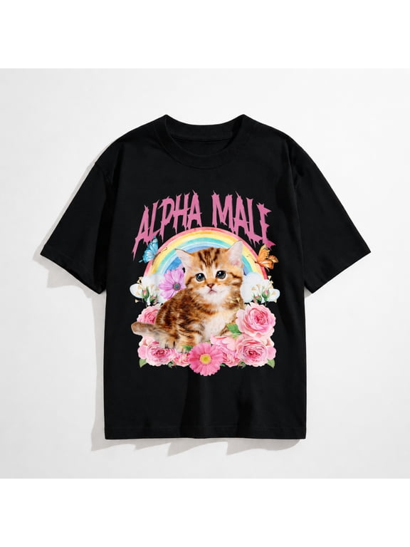 Alpha Male Funny Cat Kitten Rainbow Floral T-Shirt