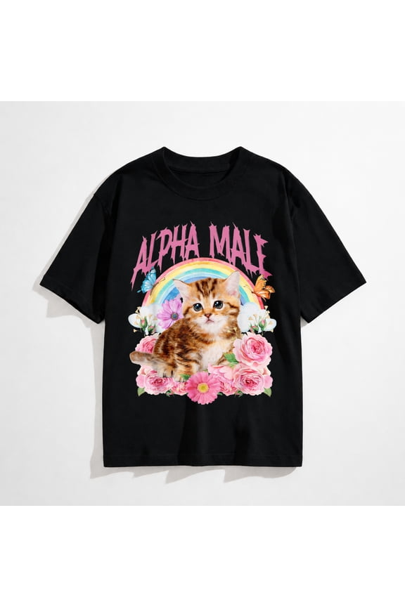 Alpha Male Funny Cat Kitten Rainbow Floral T-Shirt