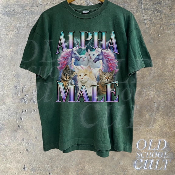 Alpha Male Unicorn Cat Ironic 90s T-Shirt, Retro Funny Rainbow Unisex Tshirt Funny Weird M