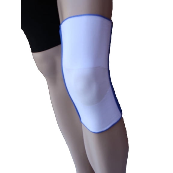 Alpha Medical Slip-on Compression Support Knee Brace With Support Stays Knee Stabilizer Support Knee Pain Relief (Large White w/ Blue Trim)