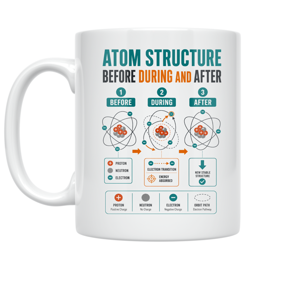 Alpha Merch Atom Structure Before During And After, 11 oz White Ceramic Mug