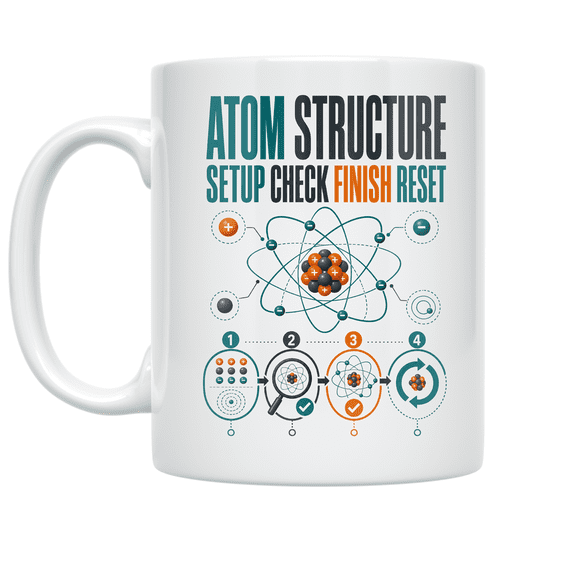 Alpha Merch Atom Structure Setup Check Finish Reset, 11 oz White Ceramic Mug