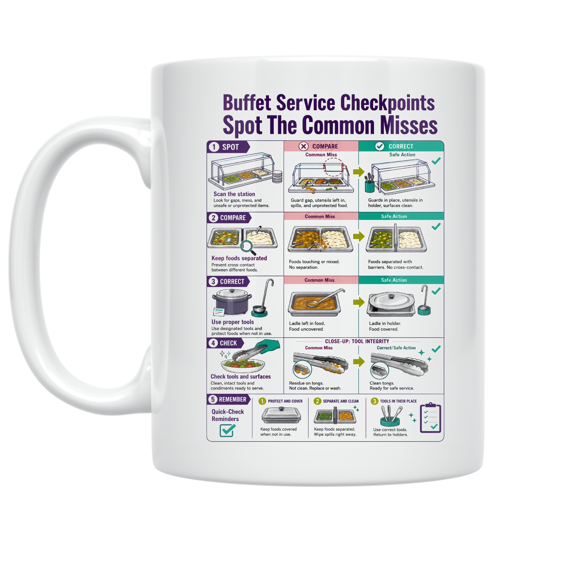 Alpha Merch Buffet Service Checkpoints Spot The Common Misses, 11 oz White Ceramic Mug