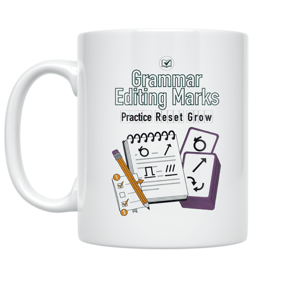 Alpha Merch Grammar Editing Marks Practice Check Reset Grow, 11 oz White Ceramic Mug