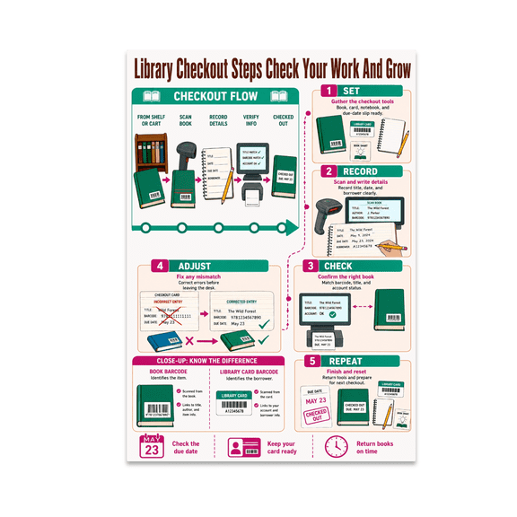 Alpha Merch Library Checkout Steps Check Your Work And Grow, 13 x 19 in Vertical Wall Art Poster