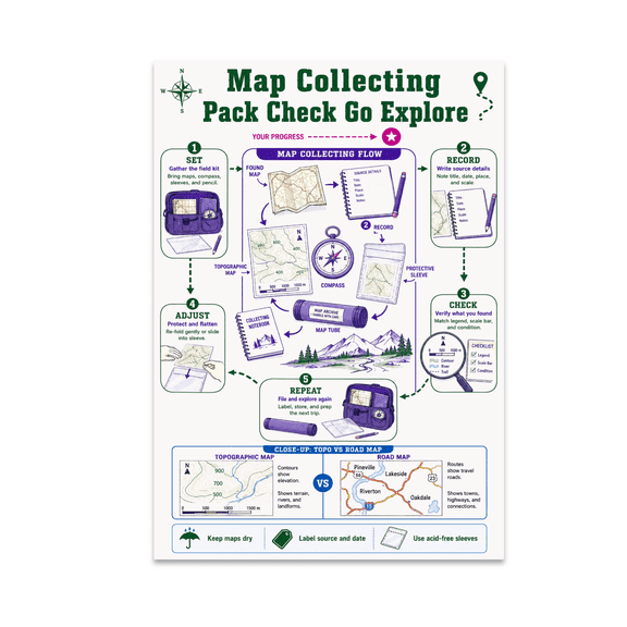 Alpha Merch Map Collecting Pack Check Go Explore, 13 x 19 in Vertical Wall Art Poster