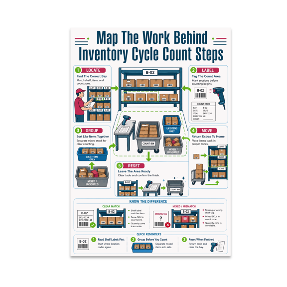 Alpha Merch Map The Work Behind Inventory Cycle Count Steps, 13 x 19 in Vertical Wall Art Poster