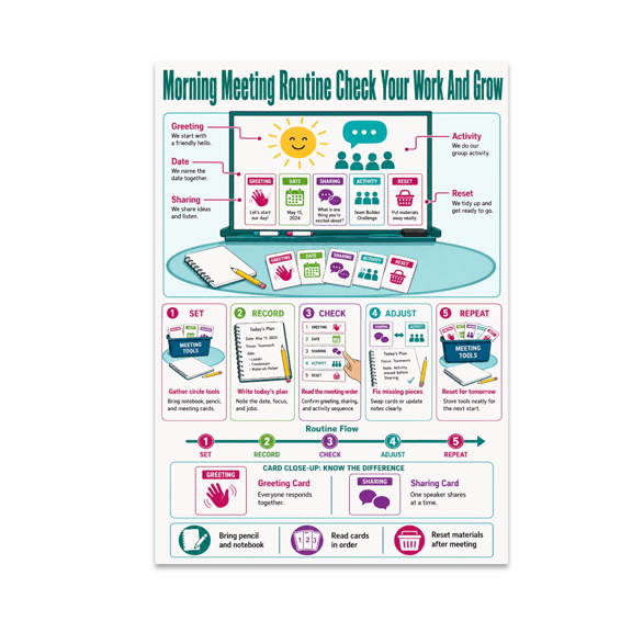 Alpha Merch Morning Meeting Routine Check Your Work And Grow, 13 x 19 in Vertical Wall Art Poster