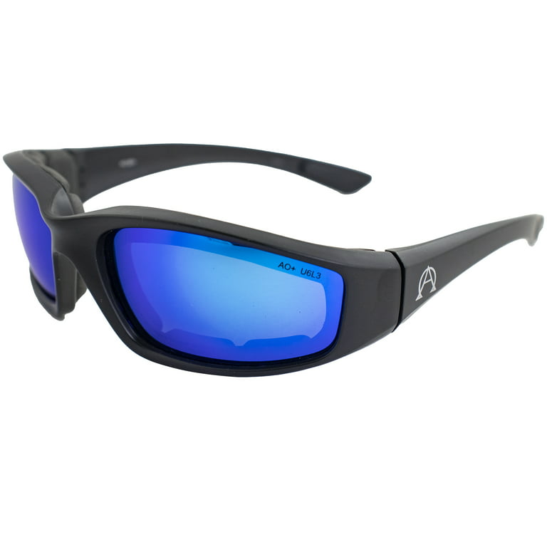 Alpha Omega 1 Motorcycle Sunglasses Foam Padded Riding Safety Glasses Z87.1  for Men or Women Black Frame Blue Mirror Lenses 