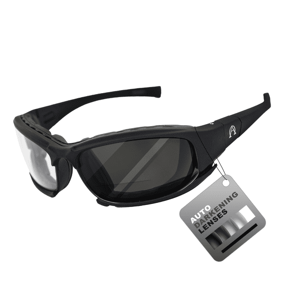 Alpha Omega AO3 Auto-Darkening Photochromic Riding Glasses Foam-Padded Convertible Motorcycle Goggles Unisex Black Frame Clear-to-Smoke Lenses