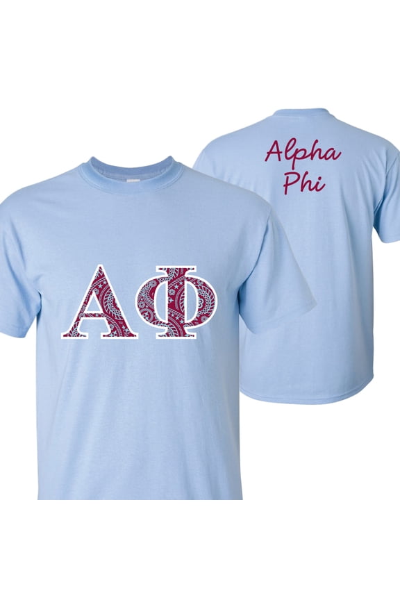 Alpha Phi - Paisley Greek Letters - Standard T-Shirt ? Light Blue, Sport Gray, & Safety Pink