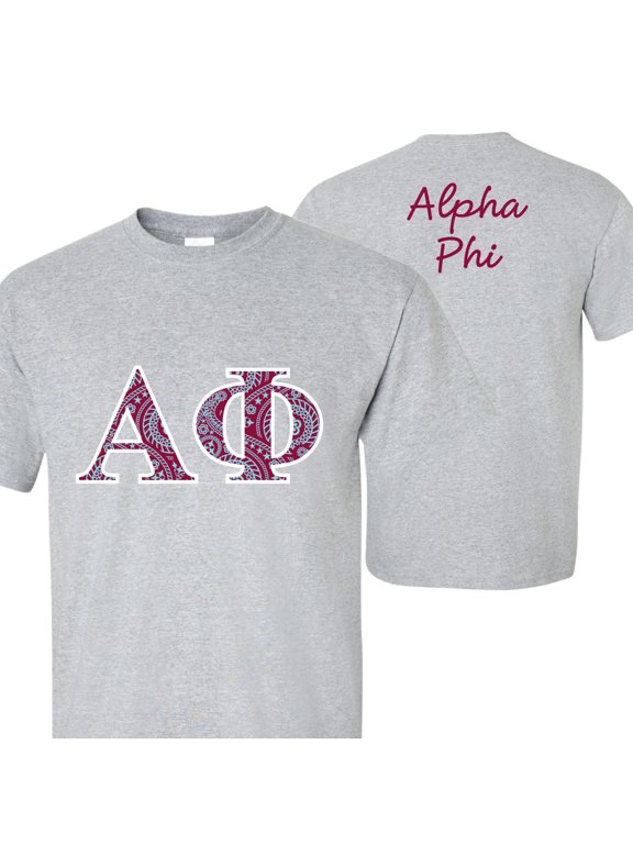 Alpha Phi - Paisley Greek Letters - Standard T-Shirt ? Light Blue, Sport Gray, & Safety Pink