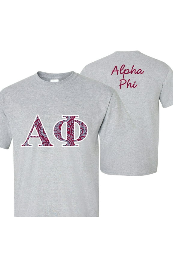 Alpha Phi - Paisley Greek Letters - Standard T-Shirt ? Light Blue, Sport Gray, & Safety Pink