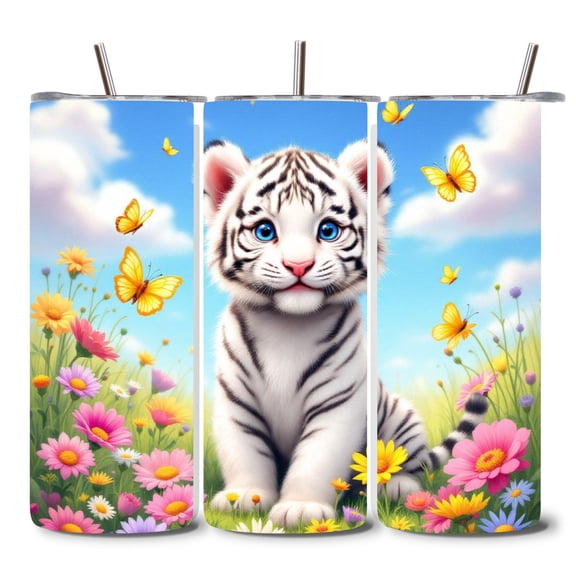 Alpha Printing 20oz Stainless Steel Tumbler with Straw Cartoon White Tiger with Flowers Cute Wildlife Design Double Wall Insulated Travel Mug