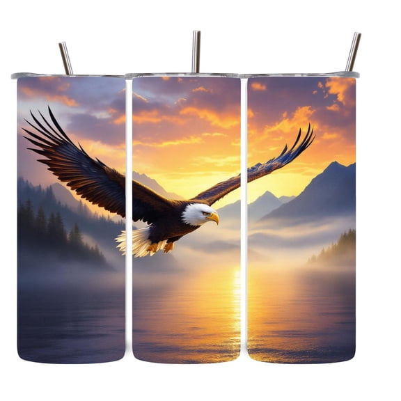 Alpha Printing 20oz Stainless Steel Tumbler with Straw Eagle Soaring Over Smokey Mountains Wildlife Design Double Wall Insulated Travel Mug