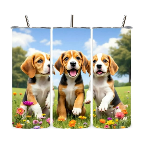 Alpha Printing 20oz Stainless Steel Tumbler – 3 Beagle Puppies Full-Wrap Cute Dog Artwork, Pet Lover Design, Insulated Travel Mug