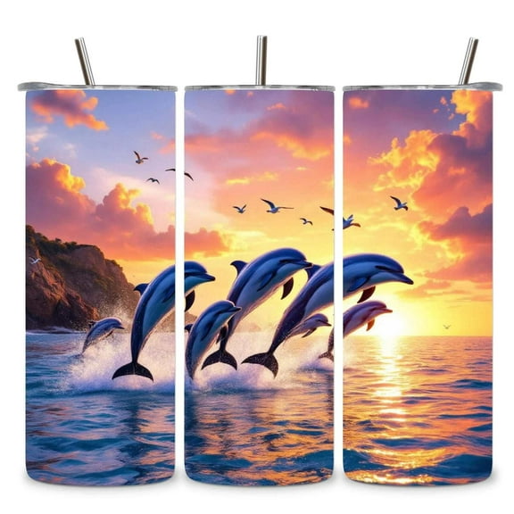 Alpha Printing 20oz Stainless Steel Tumbler Dolphins Jumping Full-Wrap Ocean Wildlife Artwork, Beach Marine Life Design, Insulated Travel Cup