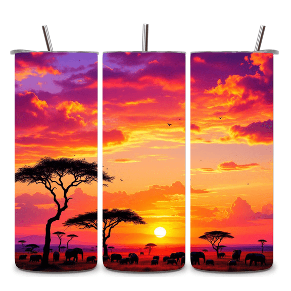 Alpha Printing 20oz Stainless Steel Tumbler Sunset in Africa Full-Wrap Safari Landscape Artwork, Wildlife Nature Scene, Insulated Travel Mug