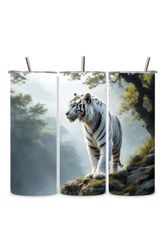 20oz Stainless Steel Tumbler  White Tiger on Rock Edge Full-Wrap Wildlife Artwork, Dramatic Big Cat Scene, Insulated Travel Cup