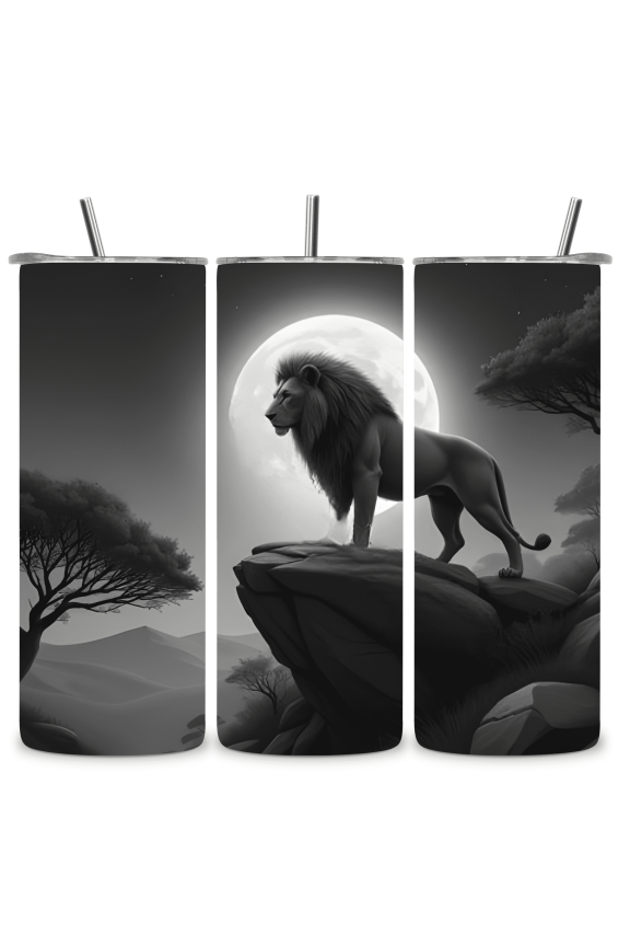20oz Stainless Steel Tumbler Black & White Lion on Rock Edge Full-Wrap Wildlife Artwork, Dramatic Big Cat Scene, Insulated Travel Cup