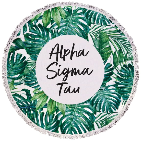 Alpha Sigma Tau Palm Design Round Beach Towel with Fringes - 60", Round Beach Blanket, Soft Microfiber, Lightweight and Durable, Water Absorption, Quick Dry