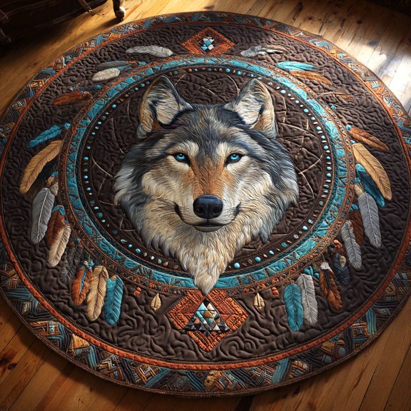 Alpha Spirit Quilted Round Mat, Alpha Wolf Round Floor Mat, Wildlife Nature Home Decor Rug, Quilted Area Carpet for Bedroom Living Room