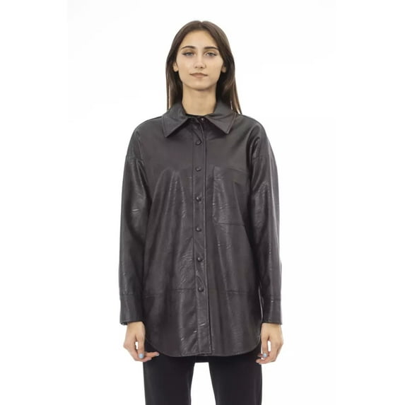 Alpha Studio Chic Brown Leatherette Shirt with Front Pocket