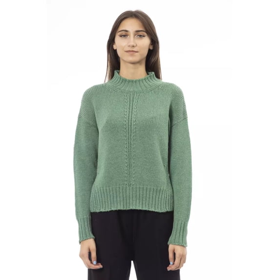 Alpha Studio Chic Mock Neck Green Sweater with Side Slits