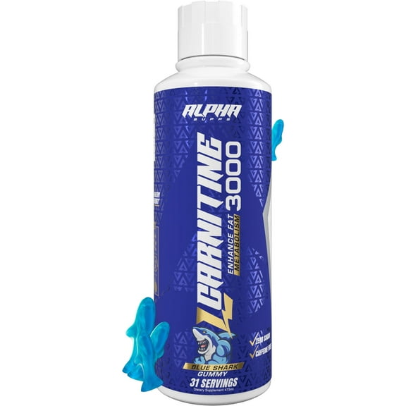 Alpha Supps L-Carnitine Liquid 3000 - Stimulant Free Energy Support For Men & Women - Blue Shark Gummy, 16 oz