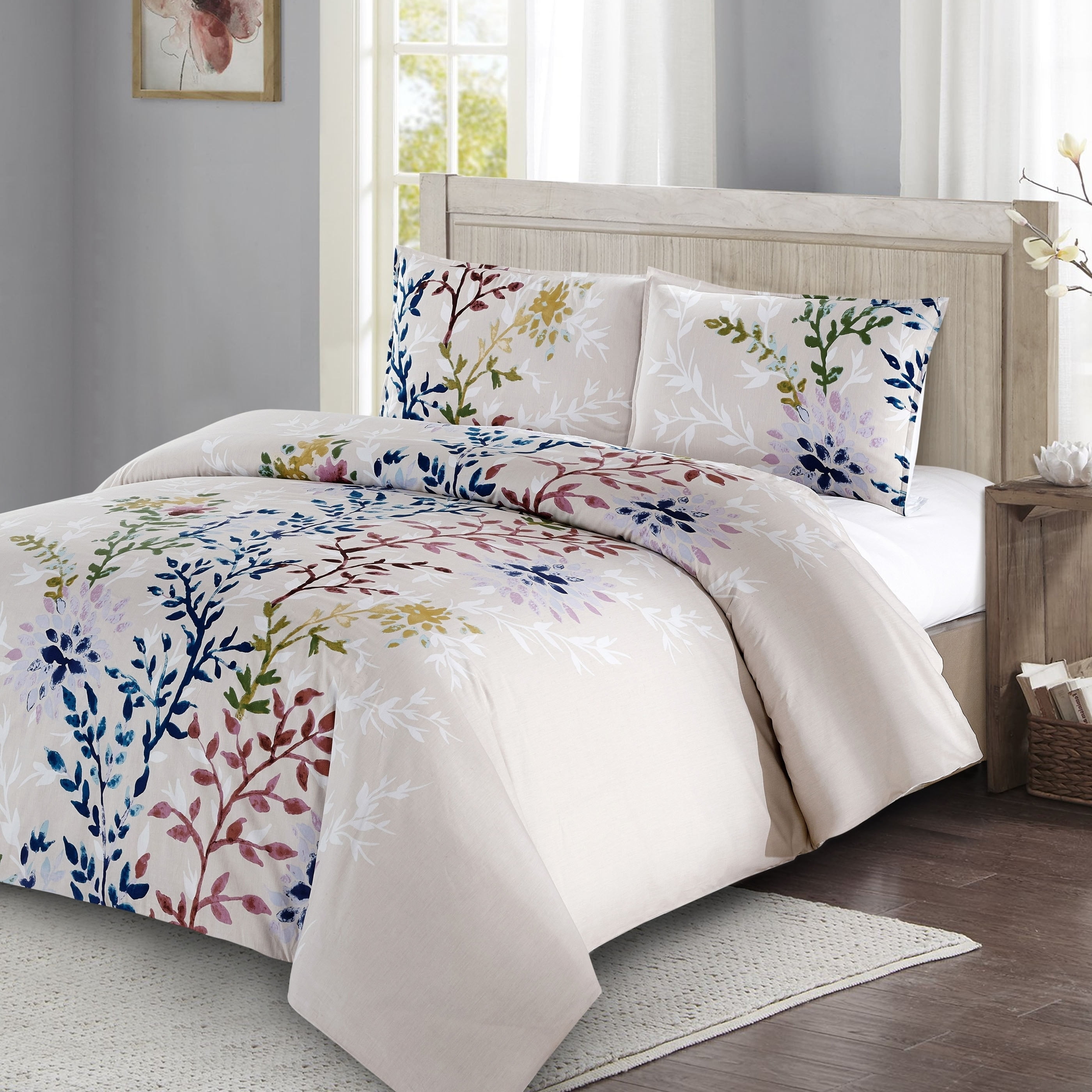 Dahlia Lane 3pc Duvet Cover Set - Multi-Color Floral Stems with White Leafy Silhouettes - 100% Cotton - Machine Washable - Includes 1 Duvet Cover + 2 Shams