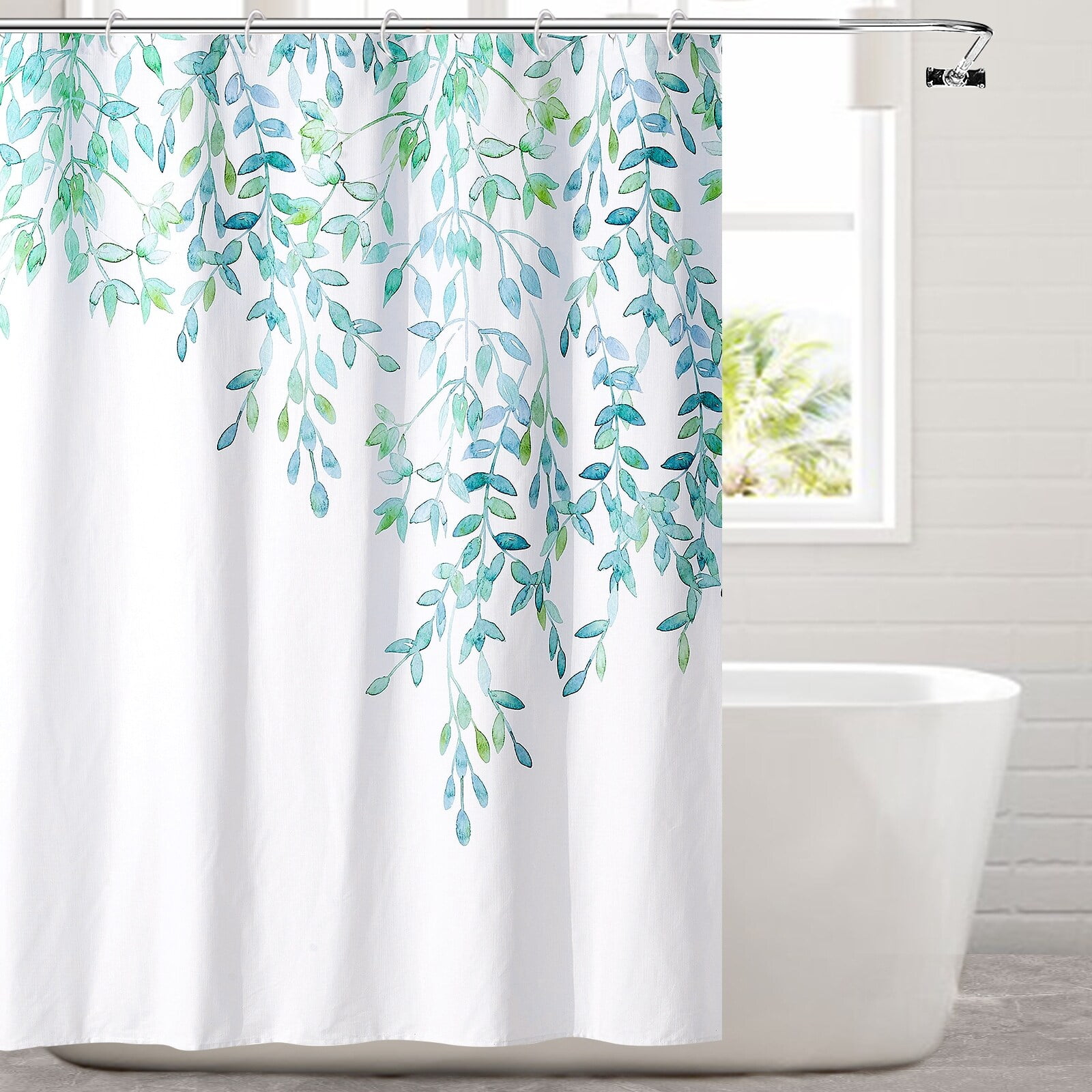 Green and Blue Leaf Pattern Cotton Blend Shower Curtain, 72 in x 72 in