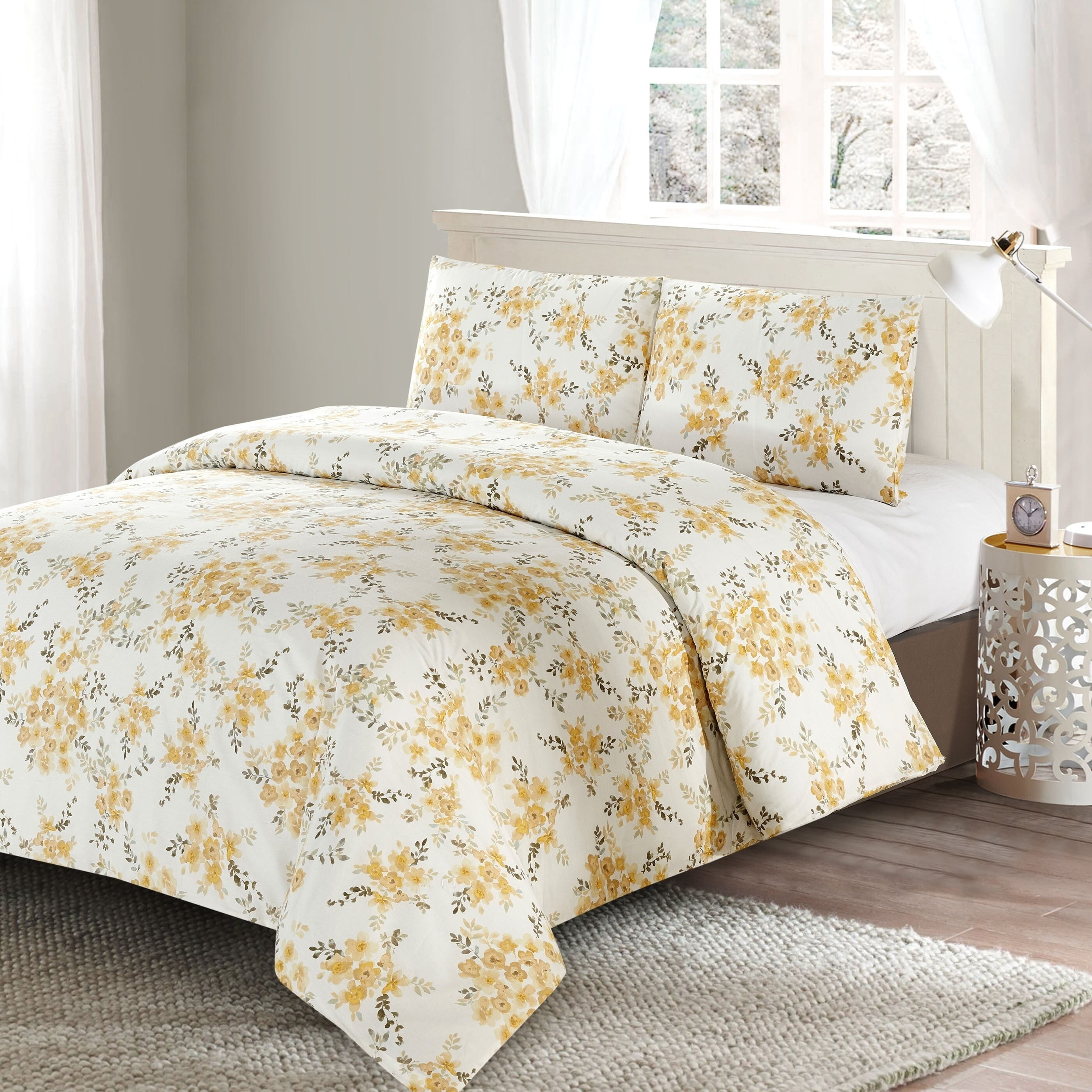 Alpha Textile LLC Style Quarters Savanah Floral 3pc Duvet Cover Set-Yellow Watercolor Savannah Floral Pattern-100% Cotton-Machine Washable - King