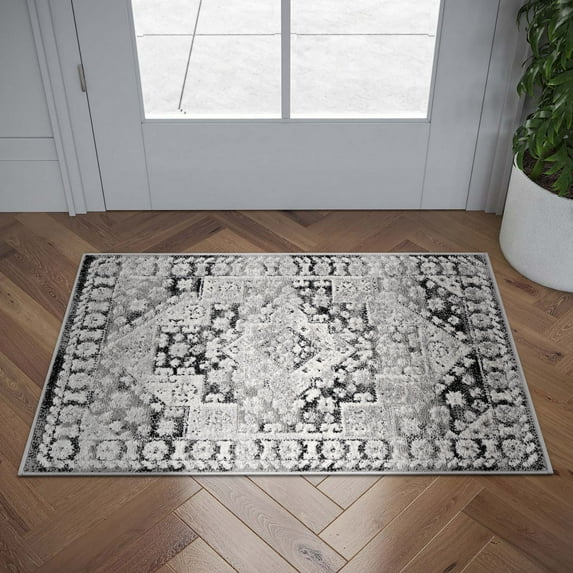 Alpha Transitional 2' x 3' Black and Gray Polyester Indoor Area Rug