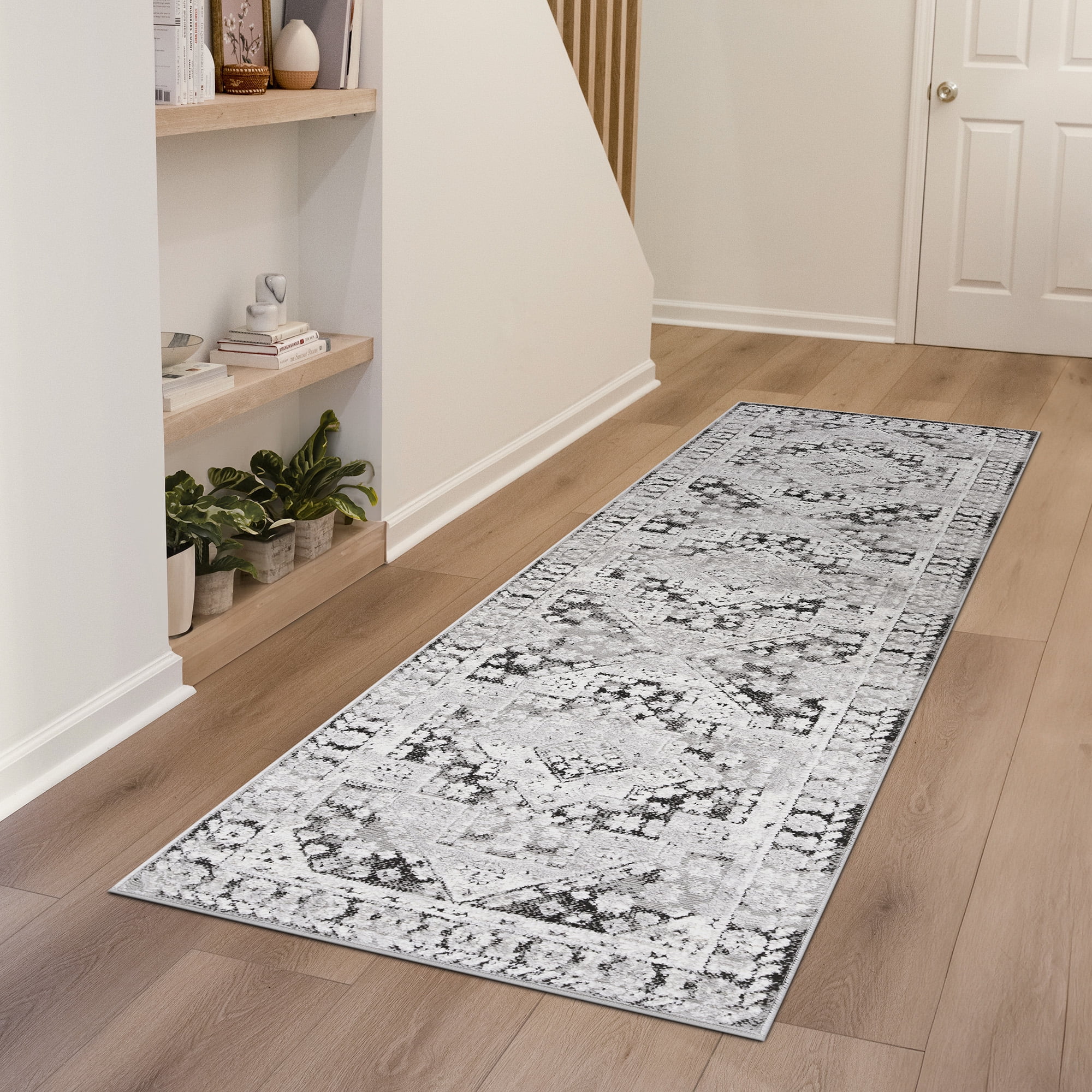 Alpha Transitional 2' x 7' Black and Gray Polyester Indoor Area Rug