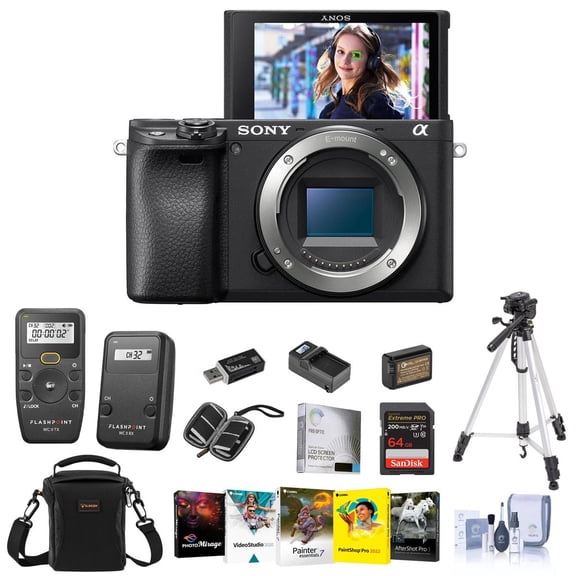 Alpha a6400 Mirrorless Camera Bundle with Shoulder Bag, Shutter Transmitter, Shutter Receiver, Extra Battery, Charger, Screen Protector, 64GB SD Card, Tripod, and Accessories