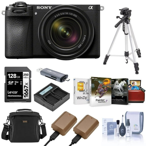 Sony Alpha a6700 Camera with E 18-135mm f/3.5-5.6 OSS Lens Bundle with Shoulder Bag, 128GB SD Card, Card Reader, Corel Mac & PC Software Kit, 2x Extra Battery, Charger, Tripod, and More (10 Items)