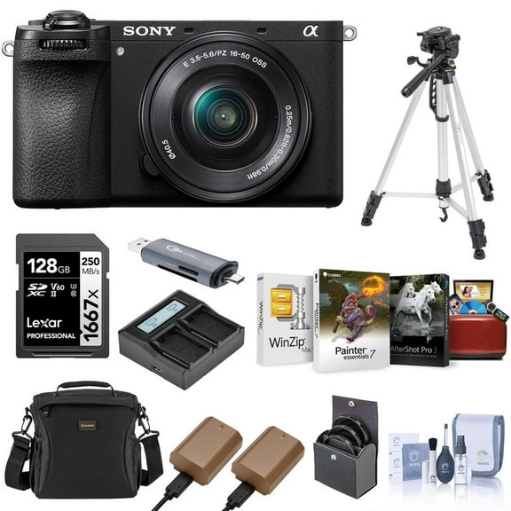 Sony Alpha a6700 Camera with E PZ 16-50mm f/3.5-5.6 OSS Lens Bundle with Shoulder Bag, 128GB SD Card, Card Reader, Corel Mac & PC Software Kit, 2x Extra Battery, Charger and More (10 Items)