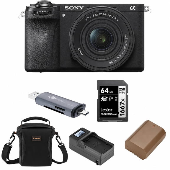 Alpha a6700 Mirrorless Camera with E PZ 16-50mm f/3.5-5.6 OSS Lens Bundle with Shoulder Bag, 128GB SD Card, Card Reader, Extra Battery, Charger