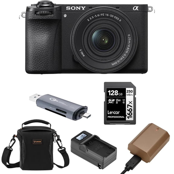 Alpha a6700 Mirrorless Camera with E PZ 16-50mm f/3.5-5.6 OSS Lens Bundle with Shoulder Bag, 128GB SD Card, Card Reader, Extra Battery, Charger