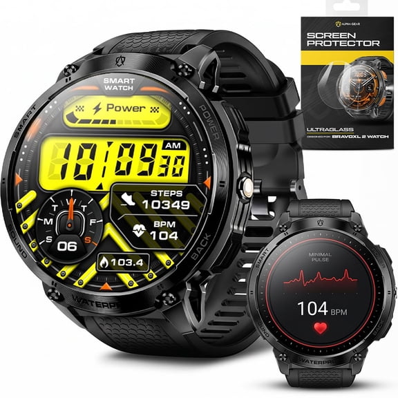 AlphaGear Bravo XL 2 Smartwatch for Men, Big Face Tactical Smart Watch, 720mAh 21-Day Battery, AMOLED Display, Built-In Flashlight, Bluetooth Calling, IP68 Water Resistant, for Android iPhone