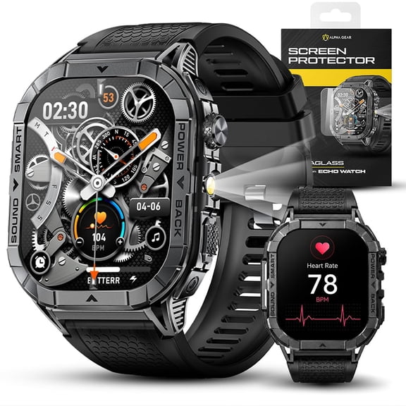 AlphaGear Echo Smartwatch for Men, Tactical Square Smart Watch, 2.13 Inch AMOLED Big Face Display, 480mAh, Built-In Flashlight, Compass, Bluetooth Calling, IP68 Water Resistant