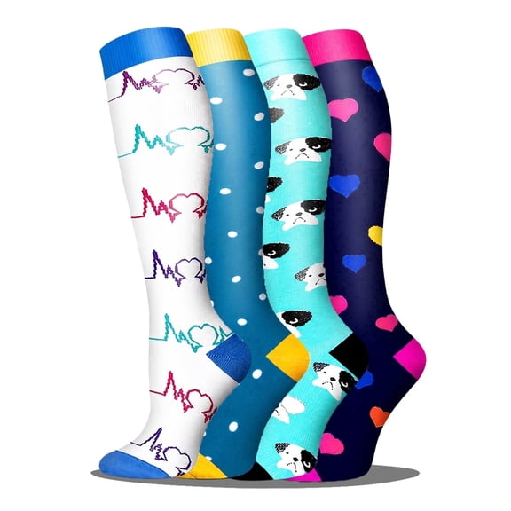 Goldeer Compression Socks 15-20 mmHg Knee High, 4 Pairs Graduated Support for Men & Women, Athletic Running & Everyday Wear, Breathable Nylon Polyester Colorful Sport Design