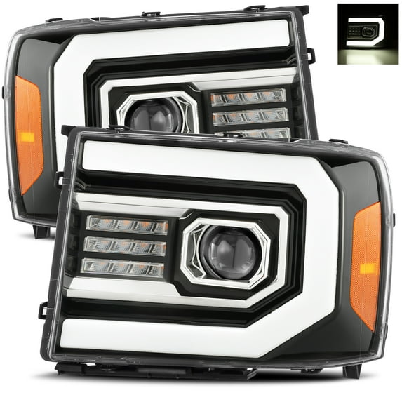 AlphaRex Base Model Jet Black Fit 07-13 GMC Sierra 1500/07-14 Sierra 2500HD/3500HD LED DRL Tube Dual Projector Headlights
