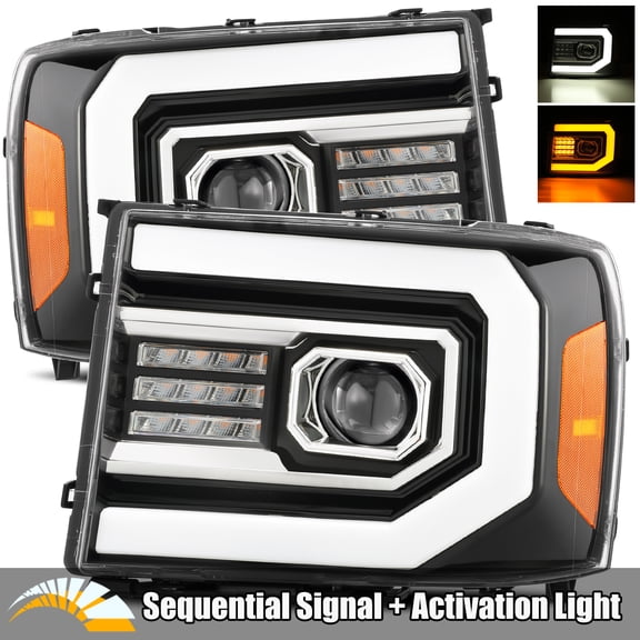 AlphaRex PRO-Series Jet Black Fit 07-13 GMC Sierra 1500/07-14 Sierra 2500HD/3500HD LED Tube Dual Projector Headlights with Switchback DRL/Sequential Signal/Activation Light