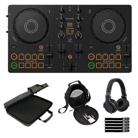 AlphaTheta DDJ-FLX2 Compact 2-Channel DJ Controller with Headphones & Case Package